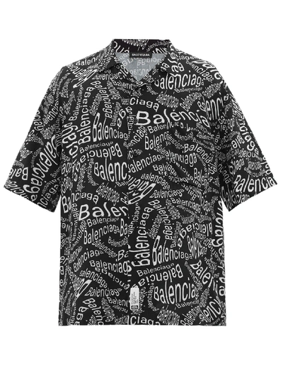 Balenciaga Oversized Camp-collar Logo-print Woven Shirt In Black
