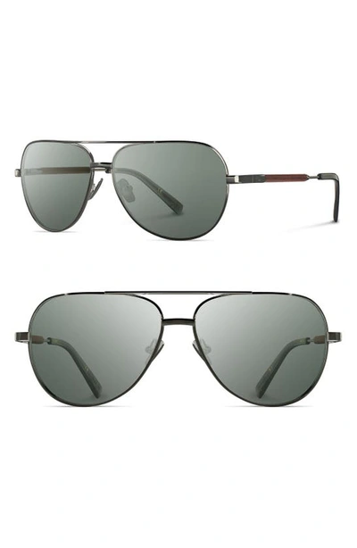 Shwood 'redmond' 53mm Titanium & Wood Aviator Sunglasses In Black Chrome/ Mahogany/ Green