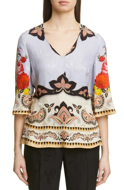 Etro Placed Rose Print Floral Jacquard Blouse In Purple