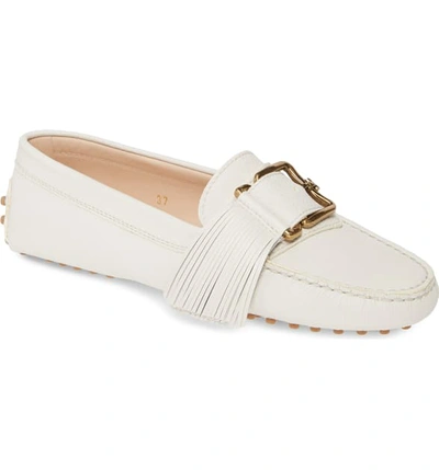 Tod's Gommini Buckle Tassel Driving Moccasin In White