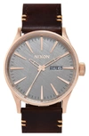 Nixon The Sentry Leather Strap Watch, 42mm In Brown/ Rose Gold/ Gunmetal