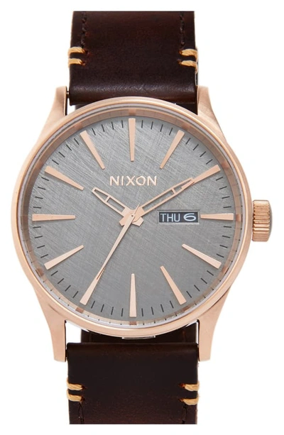 Nixon The Sentry Leather Strap Watch, 42mm In Brown/ Rose Gold/ Gunmetal