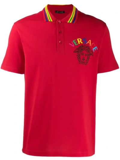 Versace Medusa Embroidery Cotton Polo Shirt In Red