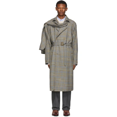 Gucci Men's Glen Plaid Overcoat W/ Removable Scarf In 1099 Grey