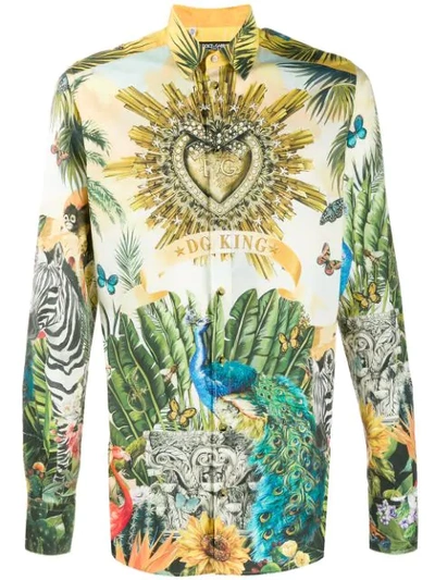 Dolce & Gabbana Cotton Gold Shirt With Tropical King Print In Yellow,green,blue
