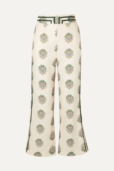 Zimmermann Verity Cropped Grosgrain-trimmed Floral-print Linen Flared Pants In Cream