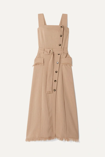 Nanushka Moun Belted Frayed Woven Midi Dress In Taupe