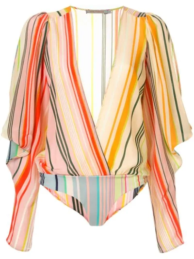 Silvia Tcherassi Caledonia Cold-shoulder Striped Silk Crepe De Chine And Stretch-jersey Bodysuit In Multicolour