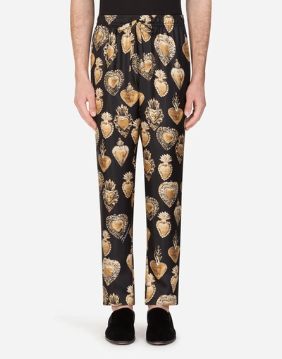 Dolce & Gabbana Silk Pajama Pants With Sacred Heart Print In Black