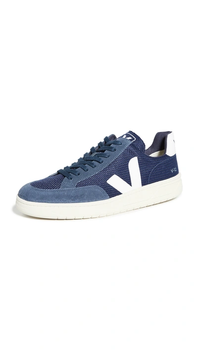 Veja V-12 Leather And Rubber-trimmed Suede And B-mesh Sneakers In Navy