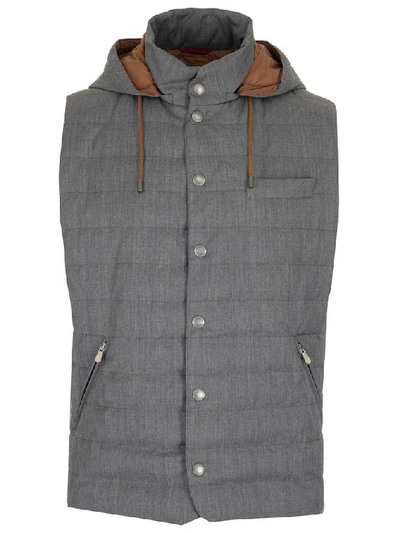 Brunello Cucinelli Quilted Hooded Gilet In Grey