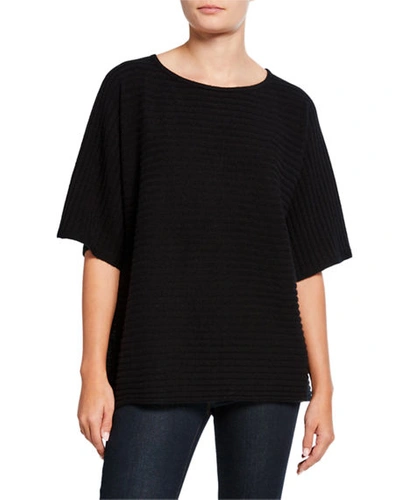 Neiman Marcus Cashmere Ribbed Elbow-sleeve Boat-neck Poncho In Black