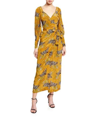 Rhode Animal-print Long-sleeve Wrap Dress In Yellow