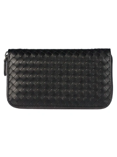 Bottega Veneta Weave Pattern Zip Around Wallet In Black