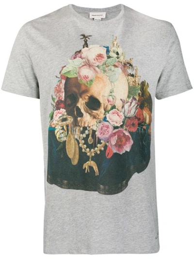 Alexander Mcqueen Floral Skull-print Cotton-jersey T-shirt In Grey Mix