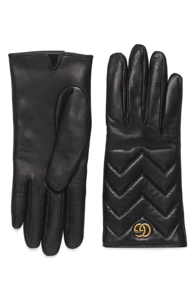 Gucci Gg Logo Cashmere Lined Quilted Leather Gloves In Black