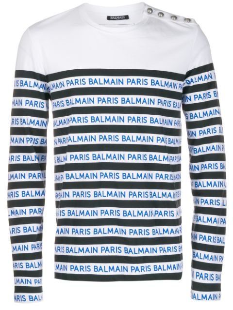 Balmain Logo-stripe Cotton-jersey Long-sleeve T-shirt In White | ModeSens