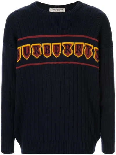 Pre-owned Burberry Intarsia Logo Ribbed Jumper In Blue