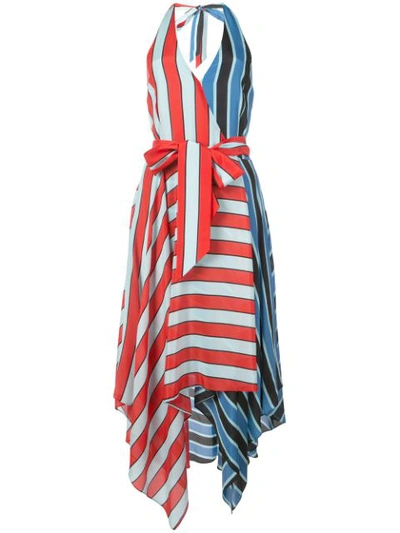 Alice And Olivia Canton Mix Stripe Halter Neck Handkerchief Hem Silk Dress In Blue Red