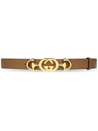 Gucci Thin Leather Belt With Interlocking G Horsebit In Neutral