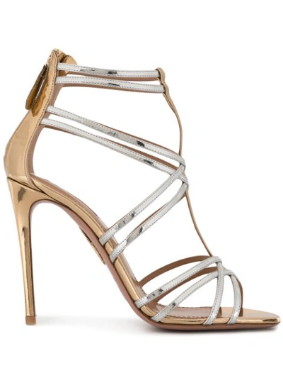 Aquazzura Princess Glittered Leather Sandals In Soft Gold/ Silver