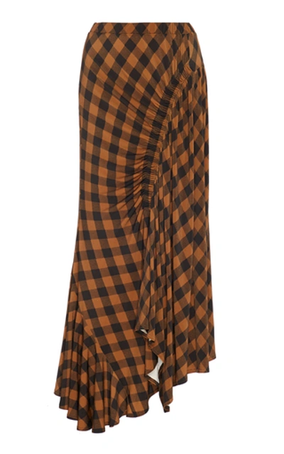 Preen By Thornton Bregazzi Hayat Ruched Checked Twill Midi Skirt In Brown