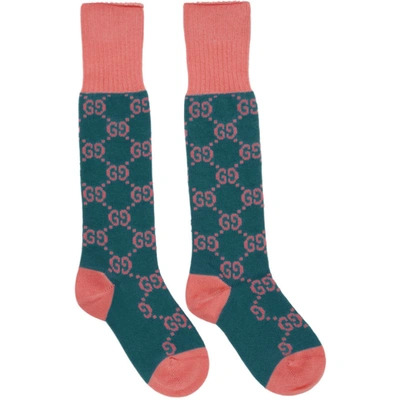 Gucci Pink & Blue Gg Supreme Long Socks In 4472 Petrol