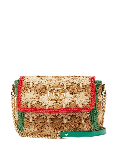 Gucci Gg Marmont Leather-trimmed Raffia Shoulder Bag In Red/green