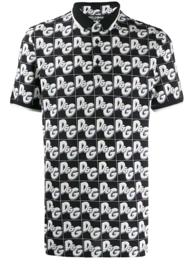 Dolce & Gabbana Cotton Piqué Polo Shirt With All-over D&g Print In Black