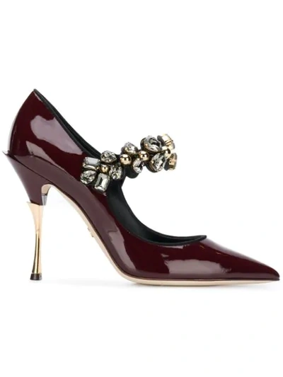 Dolce & Gabbana Patent Leather Mary Janes With Bejeweled Strap In Red