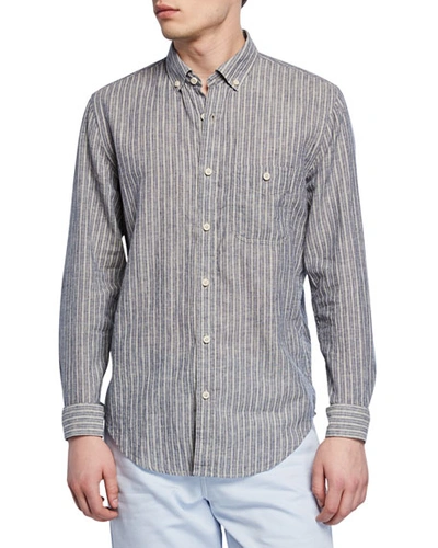 7 For All Mankind Men's New Icon Striped Button-collar Linen/wool Shirt In Navy/ecru