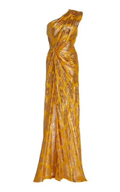 Monique Lhuillier Metallic Jacquard One-shoulder Gown In Gold