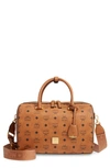 Mcm Visetos Boston Large Satchel In Cognac/gold