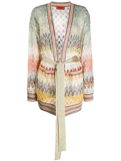 Missoni Pointelle Tie Belt Long Cardigan In Neutrals