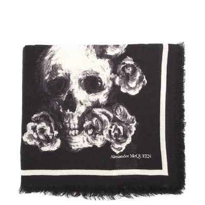 Alexander Mcqueen Skull & Roses Silk-wool Blend Scarf In Black