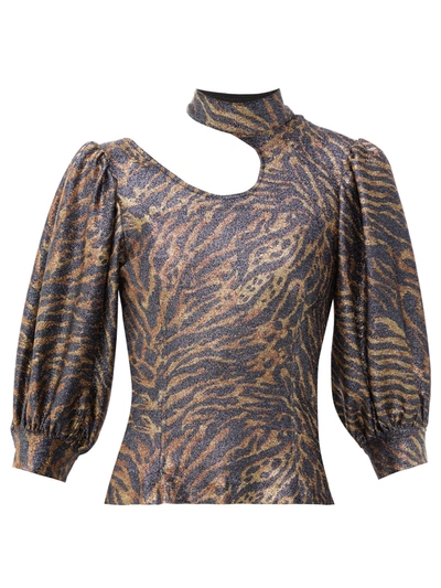 Ganni Lurex Jersey Tiger-stripe Cutout Blouse