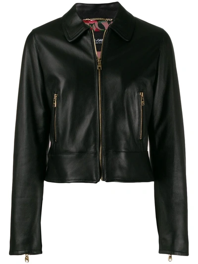 Dolce & Gabbana Cropped Lambskin Leather Jacket In Black