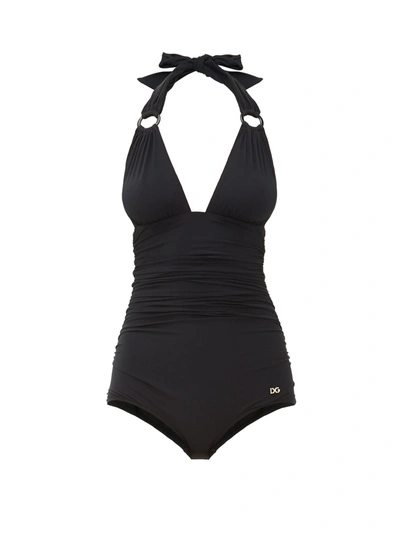 Dolce & Gabbana Solid-color One-piece Swimsuit With Plunging Neckline In Black