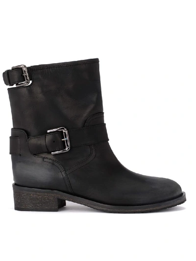 Via Roma 15 Black Leather Biker Boots With Buckles In Nero
