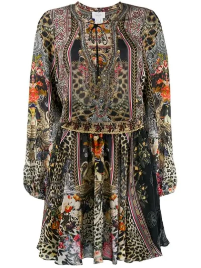 Camilla Printed Tie Neck Dress In Black