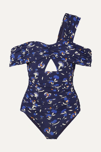 Self-portrait Off-the-shoulder Cutout Floral-print Swimsuit In Navy
