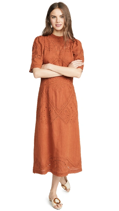 Sea Agatha Broderie Anglaise Linen And Cotton-blend Midi Dress In Orange