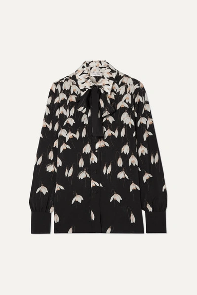 Valentino Pussy-bow Floral-print Silk Crepe De Chine Blouse In Black