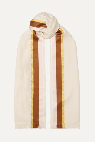 Loewe Embroidered Striped Silk, Wool And Cashmere-blend Scarf In White