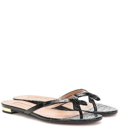 Aquazzura Riva Crocodile-effect Leather Slides In Black