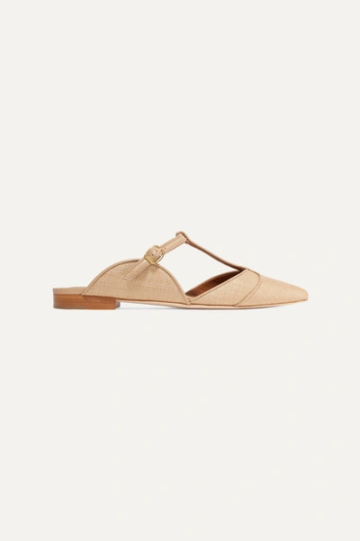 Malone Souliers Imogen Leather-trimmed Raffia Point-toe Flats In Sand