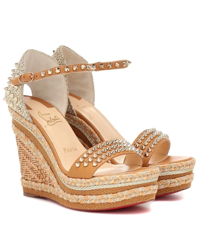 Christian Louboutin Madmonica 120 Spiked Raffia And Leather Espadrille Wedge Sandals In Beige/brown/gold