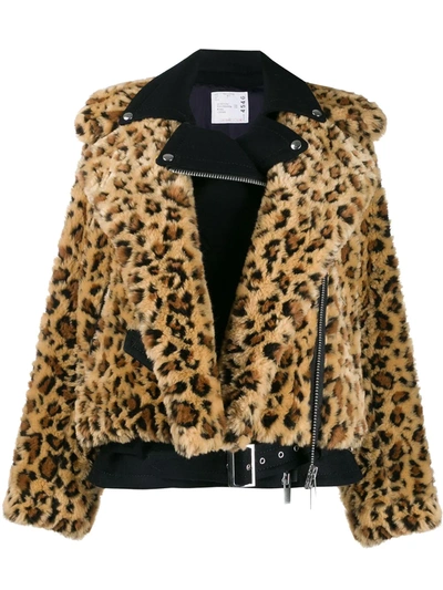 Sacai Leopard-print Faux-fur Wool Bomber Jacket In Brown