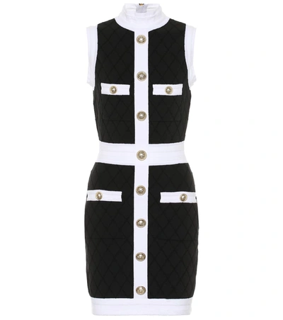 Balmain Two-tone Button-embellished Stretch-knit Mini Dress In Black/white