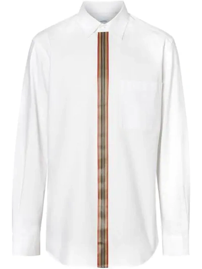 Burberry Men's Icon Stripe Tape Concealed-placket Oxford Shirt In White